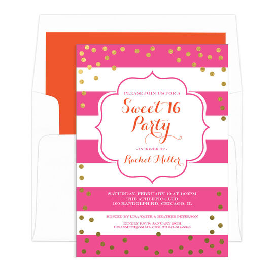 Pink Sweet 16 Gold Confetti Birthday Invitations